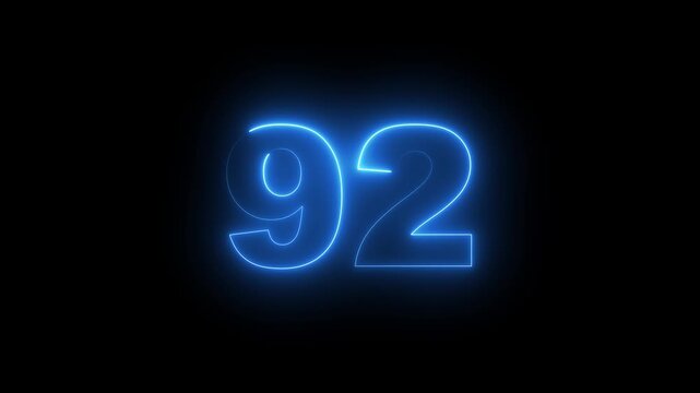 Abstract glowing neon text 92 number countdown icon. Glowing sign on black background