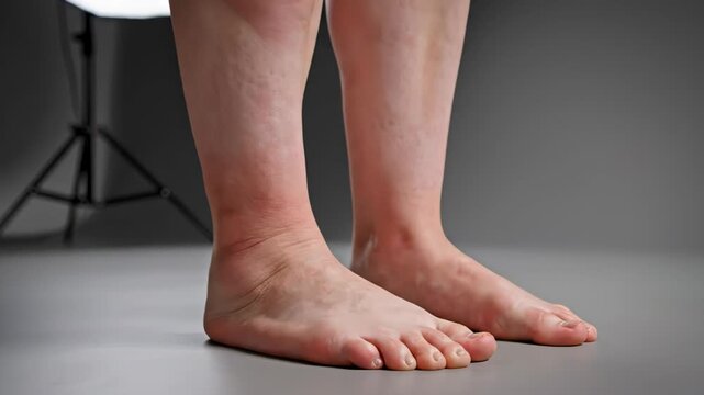 Female patient's bare feet and lower legs with visible swelling and edema performing therapeutic rehabilitation exercises, demonstrating concepts of physical therapy and poor blood circulation