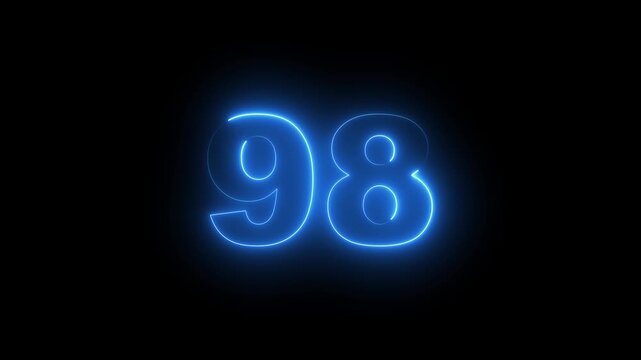 Abstract glowing neon text 98 number countdown icon. Glowing sign on black background
