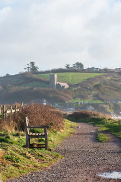 Bench on the South West Coastal Path at Wembury in Devon, uk