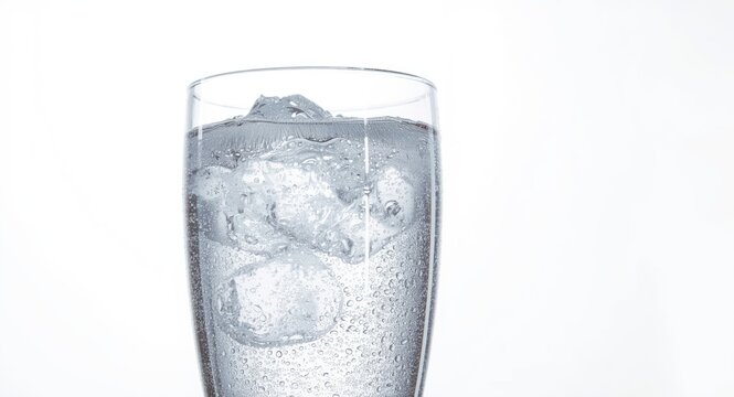 Refreshing bubbly sparkling water in a clear glass with shine on a white background copy space