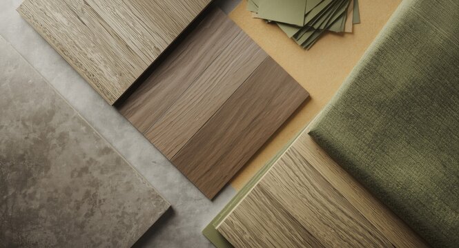 Selection of concrete tile, wooden vinyl flooring, and green fabric samples for interior design tone board