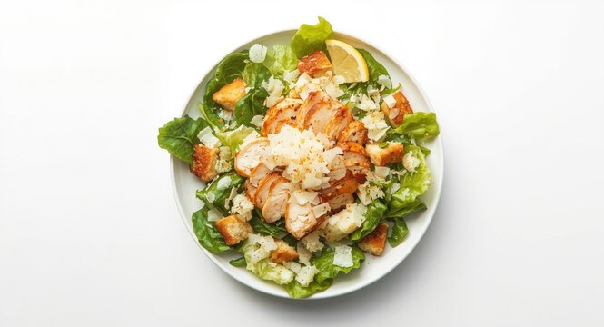 Flat top photo of a Caesar salad with sliced grilled chicken and freshly grated Parmesan cheese
