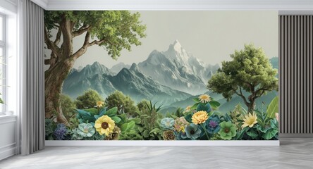 Modern living space wall design with a 3D floral mural wallpaper integrating tree and mountain elements on light gray