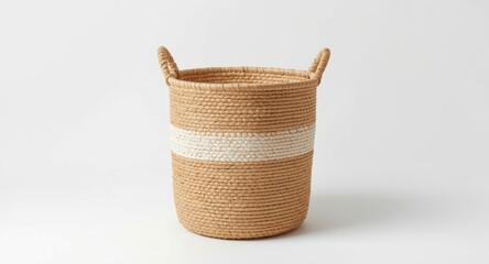 Fototapeta premium White background image of woven laundry basket with modern boho eco friendly design