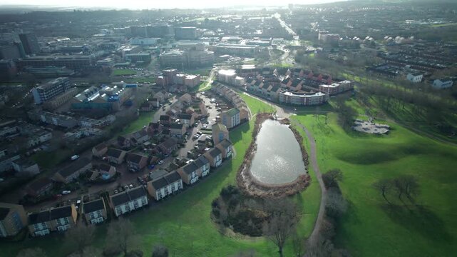 Gloucester Park In The Afternoon Day Time In Basildon, Essex, Aerial Drone Shot