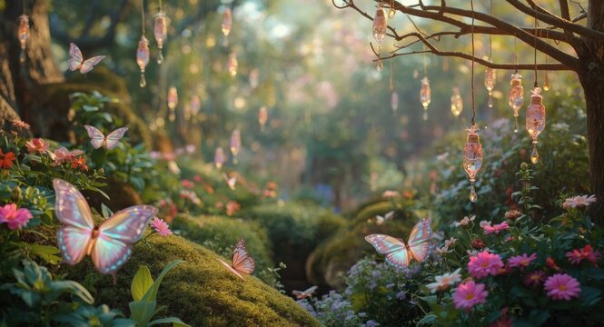 magical garden landscape with shimmering butterflies and pastel prism cocoons