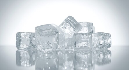 Clear ice cubes in sharp focus on a white backdrop