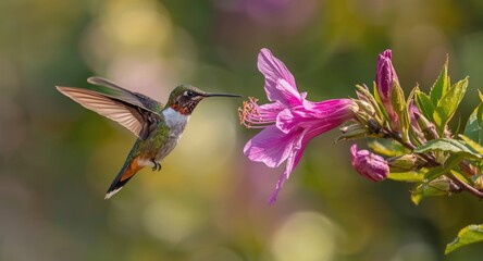 Fototapeta premium Exotic hummingbird hovering with wings spread near vibrant blossom outdoors