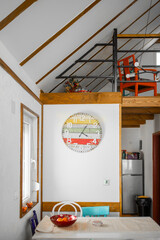 Rustic Mountain Lodge Dining Room Interior with Wooden Table and Cozy Loft Atmosphere