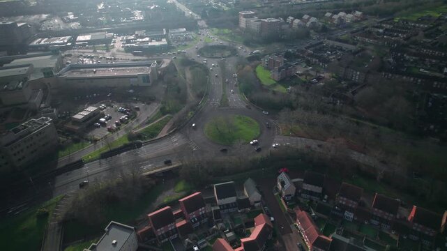Busy Roundabout Traffic In Basildon, Essex, Aerial Drone