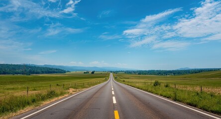 Quiet empty road in the middle of green rural hills under a vivid blue summer sky