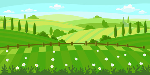 A vibrant cartoon illustration of rolling green hills and farmland © Smritykona