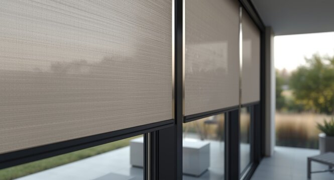 Modern outdoor roller blinds installed on windows for sun protection