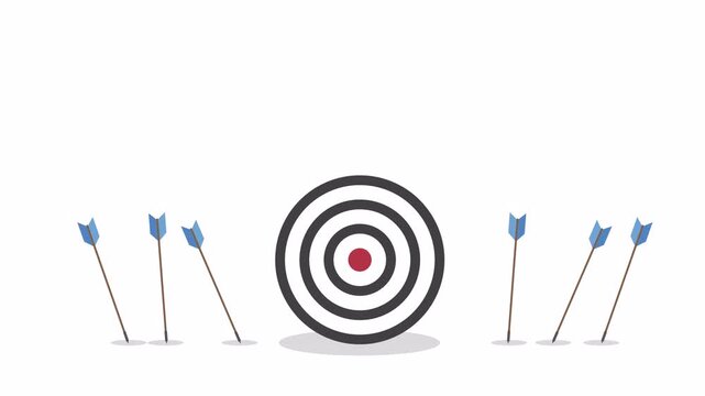 Business challenge failure and success concept. Blue arrows missed hitting target and only red one hits the center.	