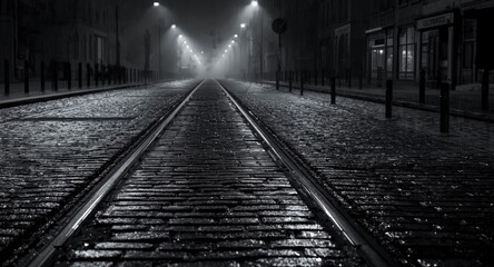 Fototapeta premium Monochrome night image of illuminated wet cobblestone tram rails