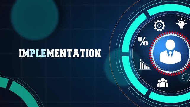 Strategic business implementation and project management concept on a high tech digital blue background with glowing icons for professional growth and success