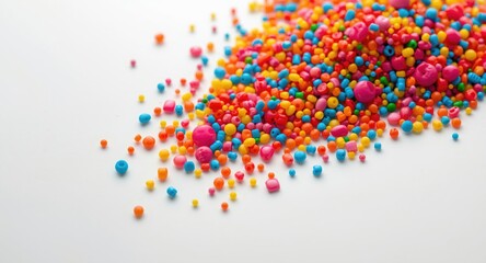 Obraz premium Colorful scattered plastic masterbatch granules on white background for product presentation