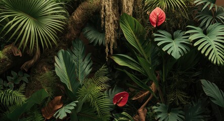 Natural tropical foliage arrangement featuring fern fronds and anthurium plants with moss and olive textures