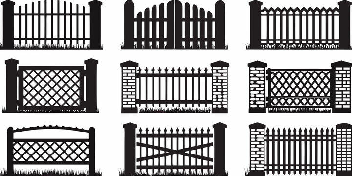 Collection of ornate black silhouettes depicting various gate designs