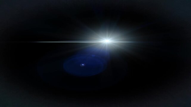 Classic 40mm cinemascope lens flare with a horizontal streak and blue bokeh. Isolated on black background for compositing a widescreen film look