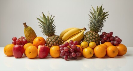 Selection of fresh apples, oranges, and mixed fruits arranged on white surface
