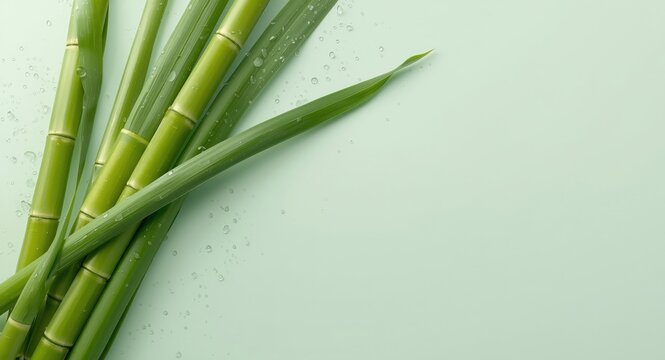 Sugarcane stalk fresh with green leaves and fresh water droplets on a pastel light background ideal for copy space food imagery