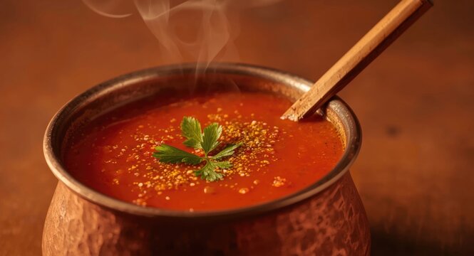 Rich and spicy tomato rasam soup crafted with traditional Indian chilies and cumin