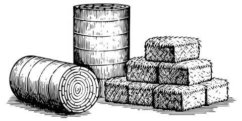 Vintage illustration of stacked hay bales and cylindrical rolls in monochrome © Smritykona