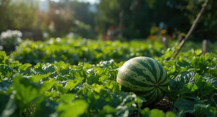 Juicy baby watermelon thriving in home vegetable garden