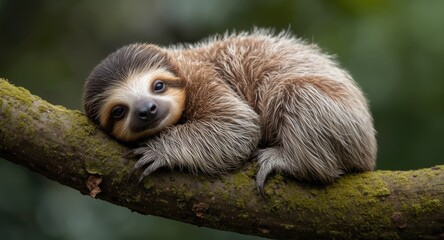 Fototapeta premium Delightful infant sloth resting on mossy branch