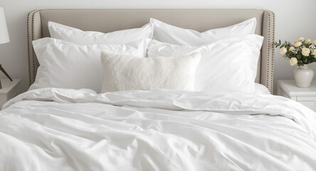 White bed linens and plush pillows creating a stylish bedroom with copy space for customization