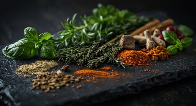 Fresh herbs and diverse spices on black stone slab with copy space for text