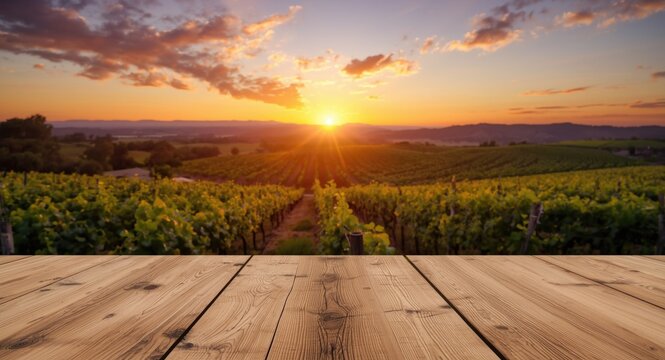 Sunrise panorama of vineyard with empty wooden table included