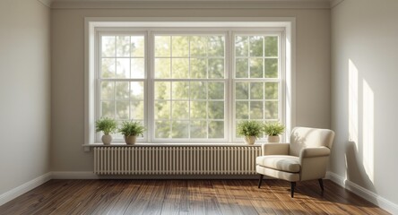 Fototapeta premium Digital illustration of a spare room with a wide window and decorative greenery placed on the windowsill