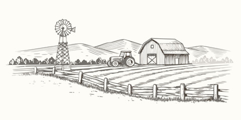 Vintage farm scene with barn tractor and windmill in a sketch style © Smritykona