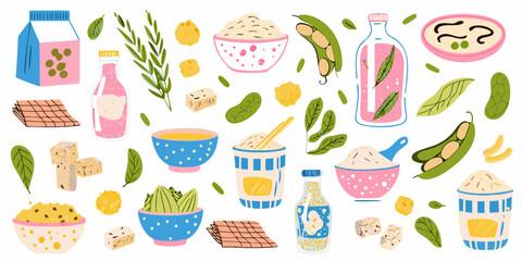 Colorful illustration of various food items including beans fruit and dairy