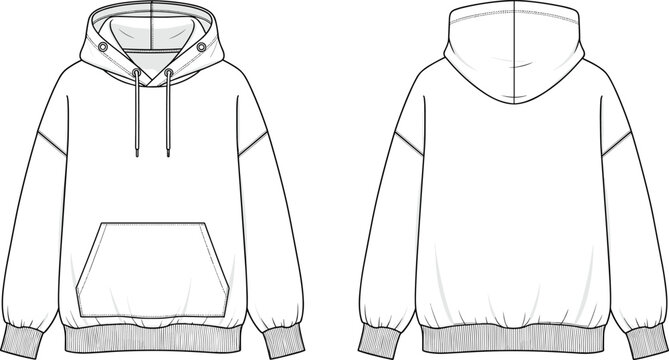 Long sleeve shirt technical vector illustration, mens button up apparel blueprint drawing, front back views, collar cuff pocket stitching layout