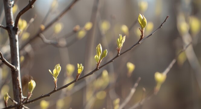 Soft vibrant leaves soon to emerge from buds on naked branches