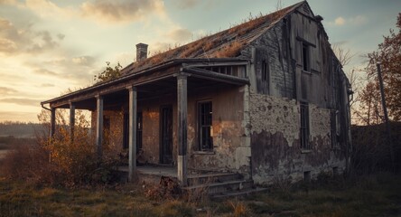 Vintage abandoned house exterior emphasizing dilapidated rustic architectural charm