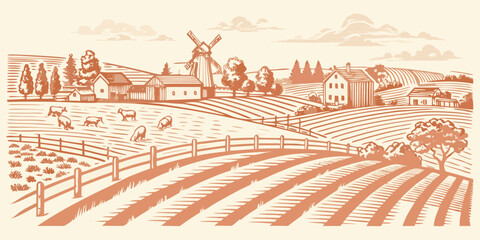 A serene countryside landscape featuring a windmill and rolling farmland © Smritykona