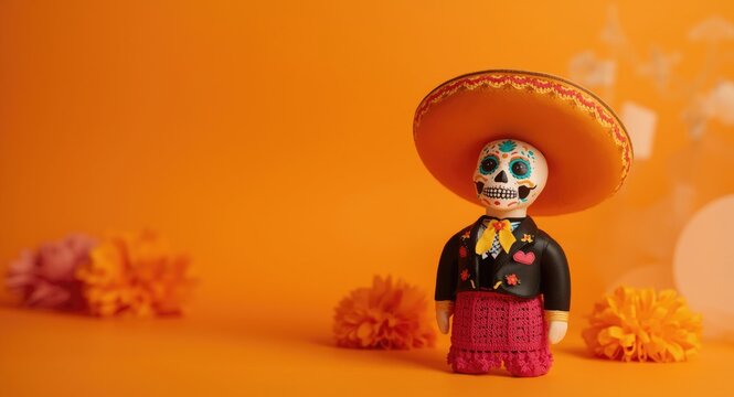 Orange background scene featuring mariachi catrin doll for Day of the Dead celebration