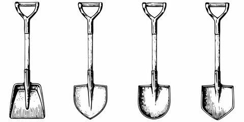 Four vintage shovels illustrated in a detailed black and white style © Smritykona