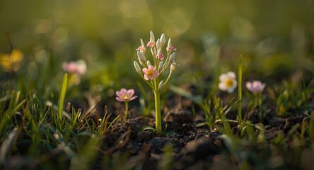Macro image of a young terrestrial plant growing in natural soil with blooming flowers and verdant grass