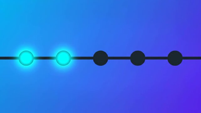 Futuristic progress bar with glowing neon circles showing a loading sequence. Abstract timeline or step indicator for a digital process, data transfer or workflow activation