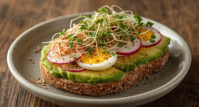 Natural vegetarian open sandwiches with creamy avocado, crunchy radish, boiled egg, and garden-fresh sprouts designed for copy space