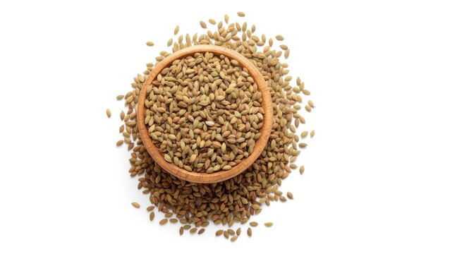 White background with wooden bowl containing fresh carom seeds showcasing organic culinary spices