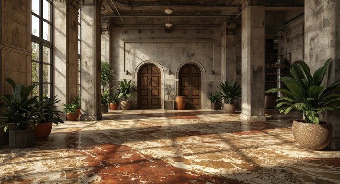 Old building vintage interior with raw concrete textures and a vibrant grunge marble floor harmonizing with natural decor