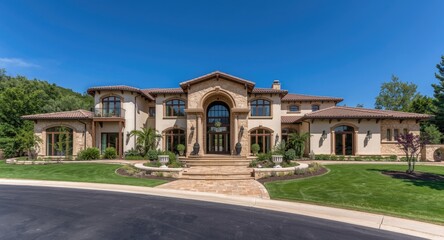 Obraz premium Modern villa architecture featuring Spanish style elements and contemporary design
