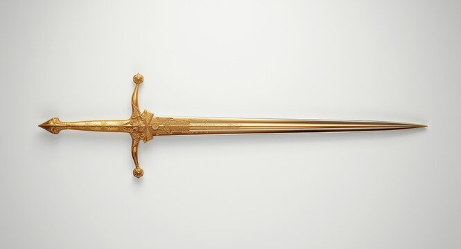 Decorative gold sword showcased on uniform white backdrop